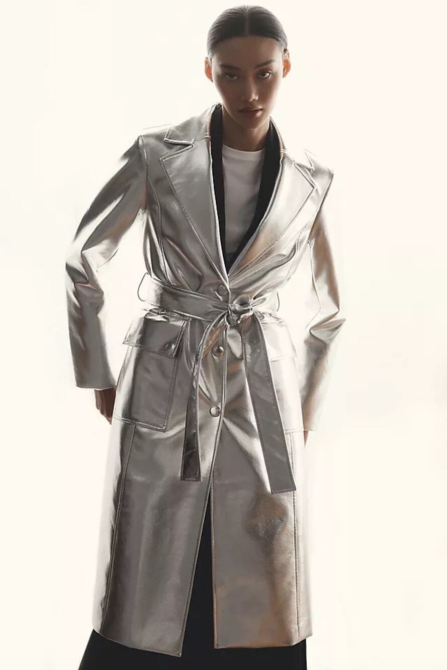 NWT Avec Les Filles Silver Metallic Faux Leather Trench Coat XS Y2K Cyberpunk